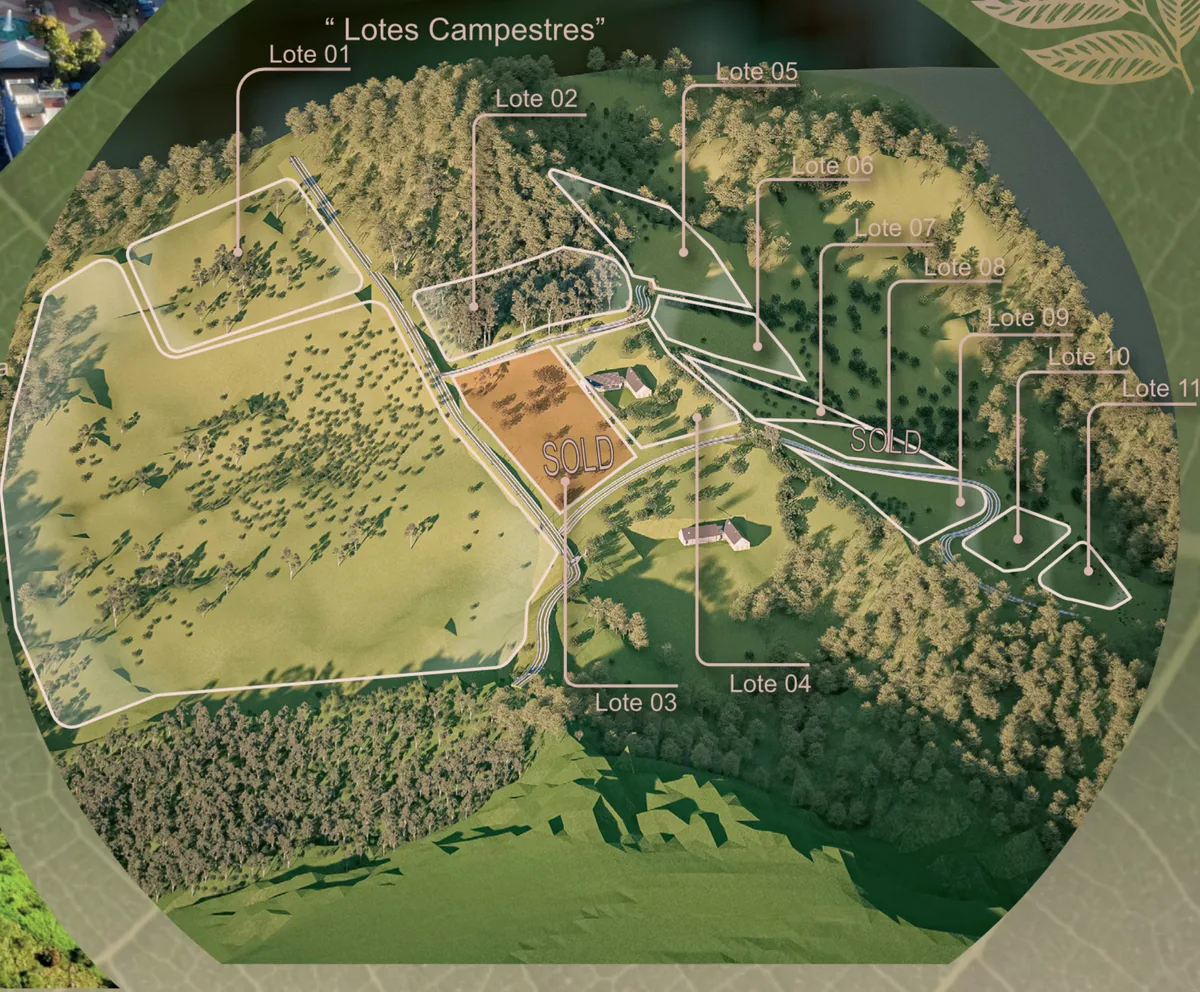 Plano aéreo con la distribución de los 11 lotes campestres del proyecto en Guatapé, repartidos entre los predios Vista Hermosa, La Piedrita y La Culebra