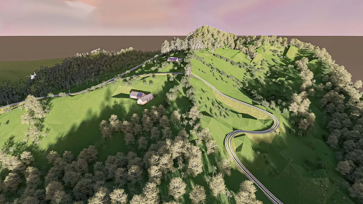 Render aéreo del proyecto Lotes Campestres Vista Hermosa en Guatapé con sus casas campestres