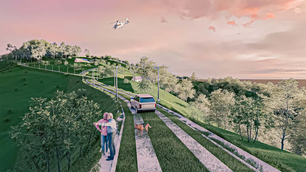 Render del camino principal iluminado del proyecto Lotes Campestres Vista Hermosa en Guatapé