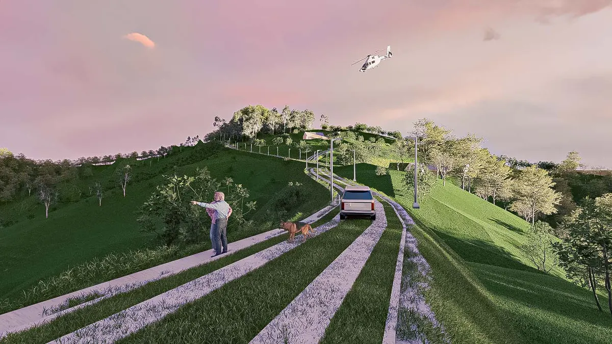 Render de la entrada al proyecto de lotes campestres Vista Hermosa en Guatapé